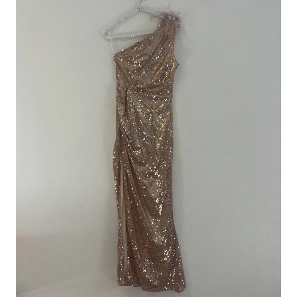 ChicMe Rose Gold Sequin One Shoulder Feather Maxi Dress Prom Gown Size S